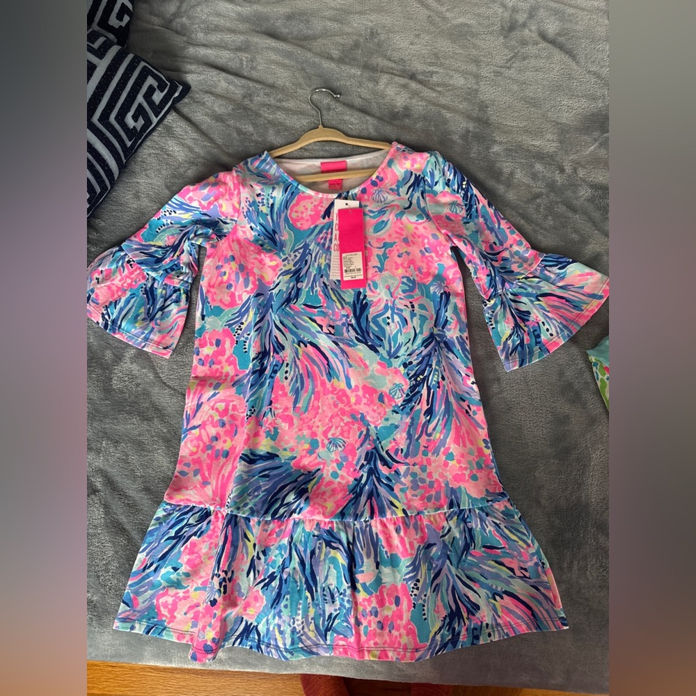 NWT Lilly Pulitzer L 8-10 Girl’s Sorrento Dress Periwinkle Fan Sea Pink Blue new